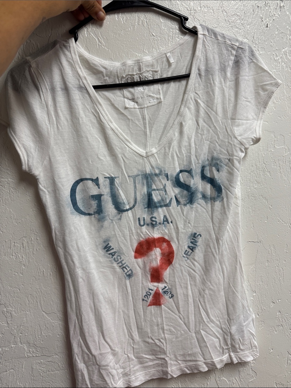 Guess White V-Neck Logo Tee with Blue Logo and Red Question Mark